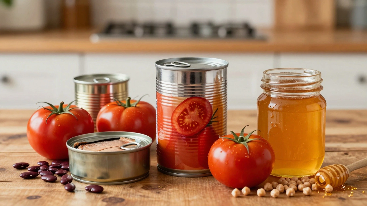 Canned tomatoes, tuna, and honey arranged with dried beans on a table