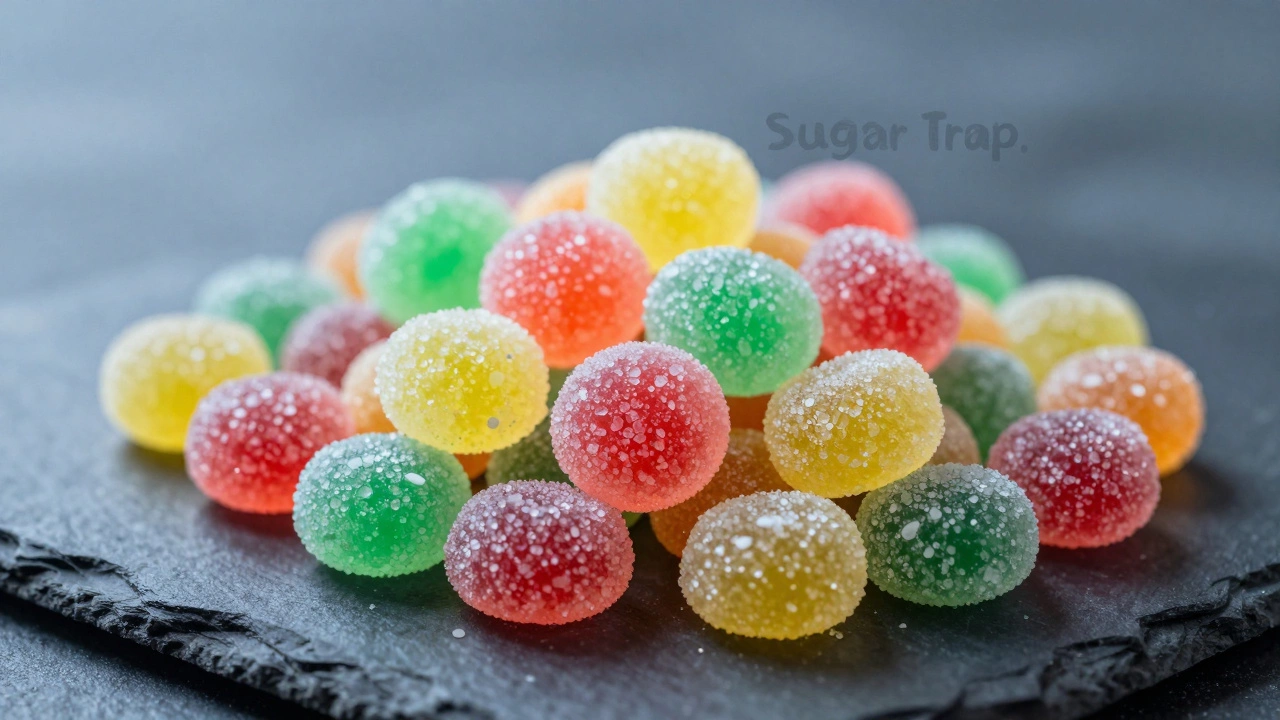 Colorful candies and cookies contrasted with a conceptual representation of white blood cells
