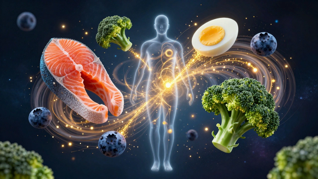 Conceptual art of a human silhouette surrounded by floating salmon, eggs, and berries.