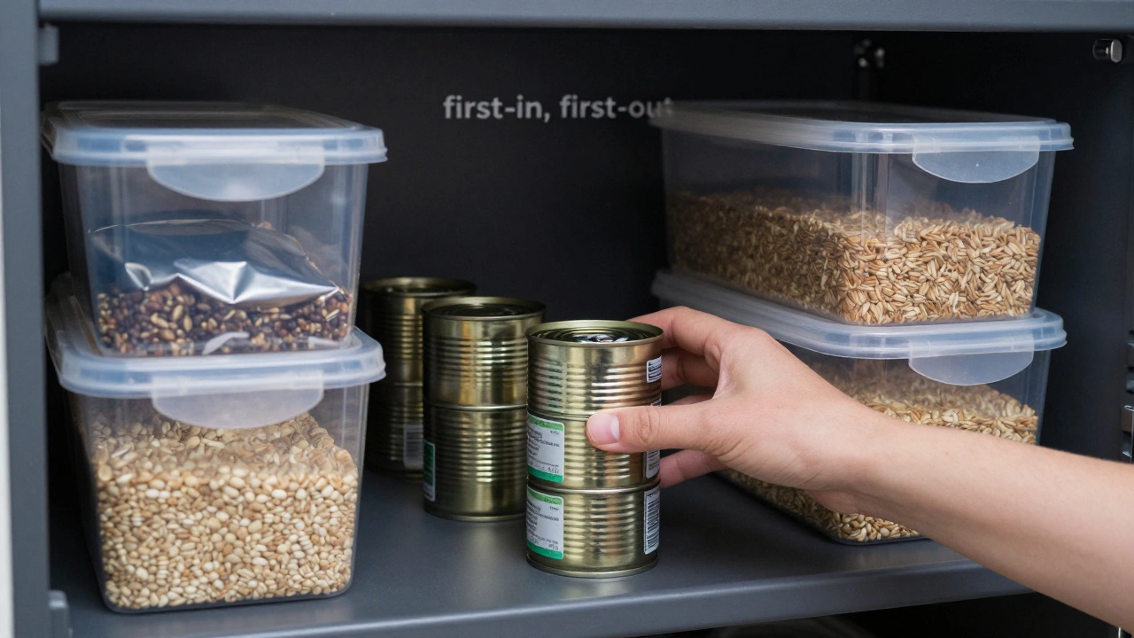 Hand rotating canned food on a pantry shelf for a first-in first-out system