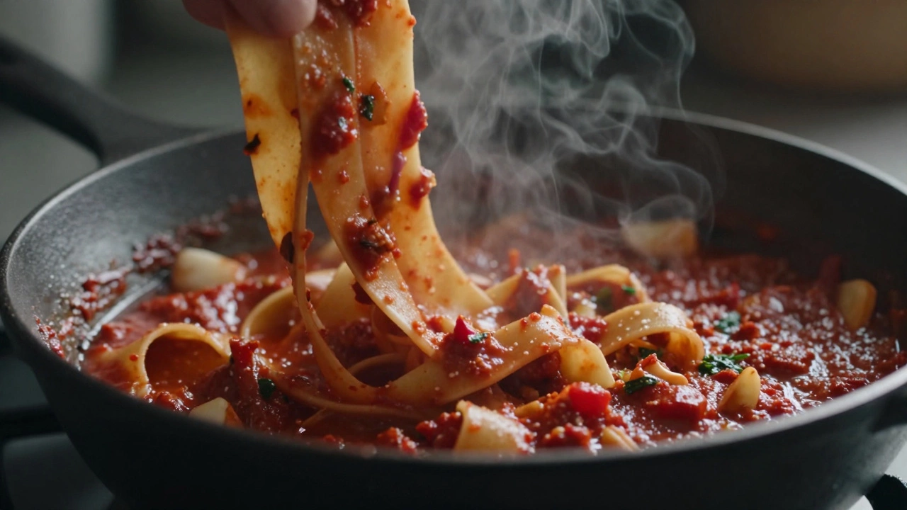 Handmade Greek ribbon pasta tossing in a rich tomato sauce in a pan