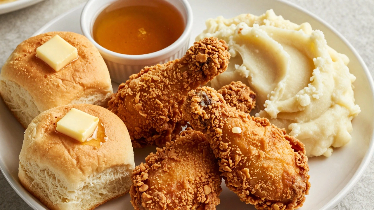 Platter of crispy golden fried chicken served with fluffy buttermilk biscuits