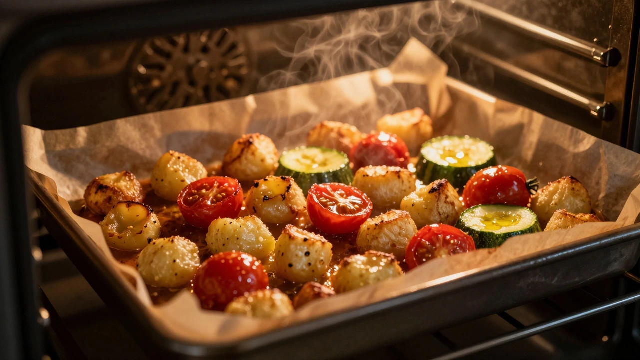 Roasted gnocchi with burst cherry tomatoes and zucchini on a parchment-lined baking sheet.