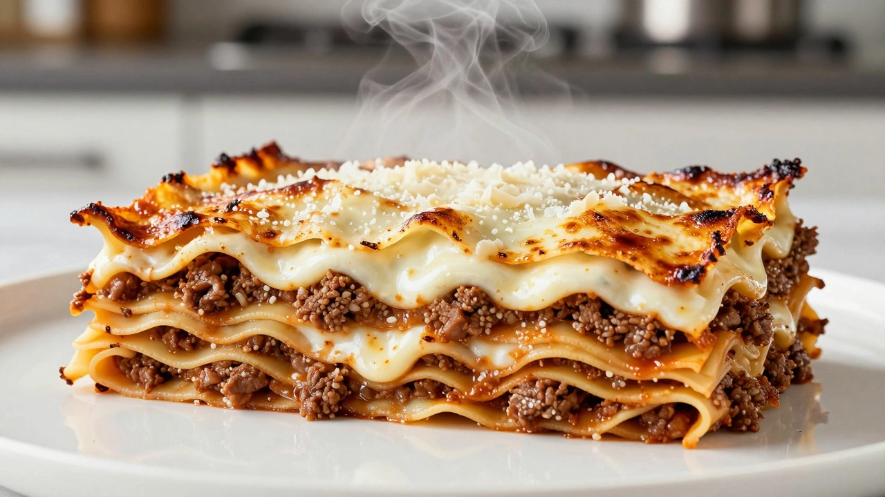 Side view of a layered slice of baked Lasagna alla Bolognese with golden brown crust