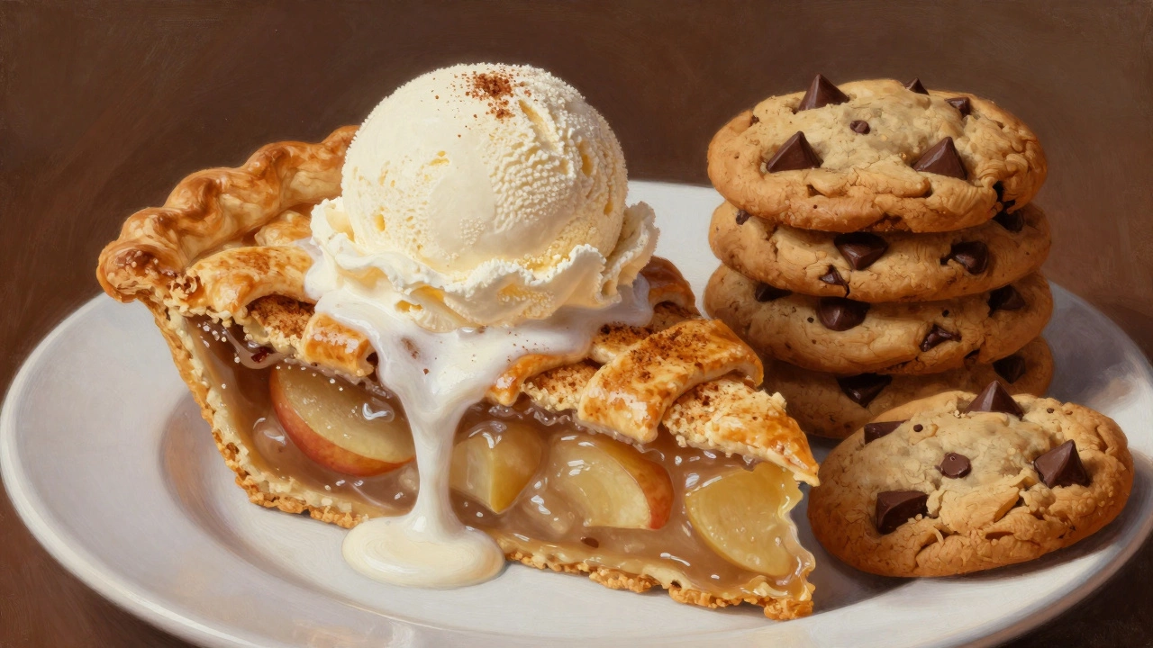 Slice of lattice-crust apple pie and a stack of chocolate chip cookies