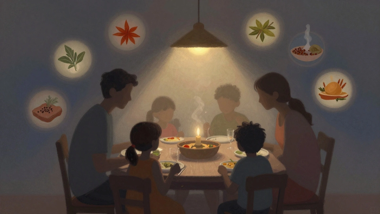 Artistic silhouette of a family dining together in warm, cozy lighting.