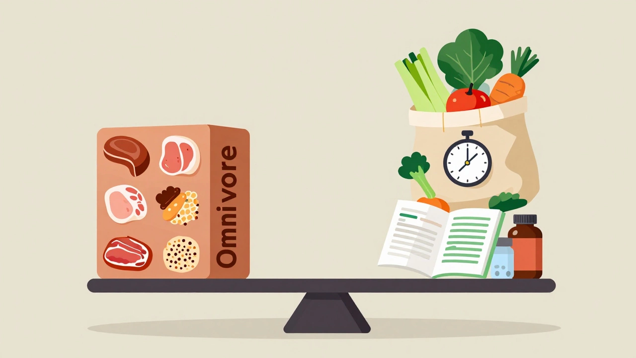 Balance scale comparing omnivore ease vs vegetarian effort
