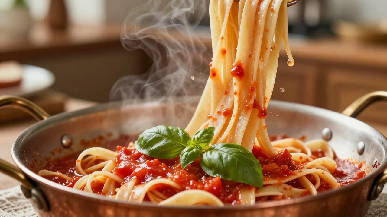 Close-up of fresh pasta being tossed in a pan with tomato sauce and basil.