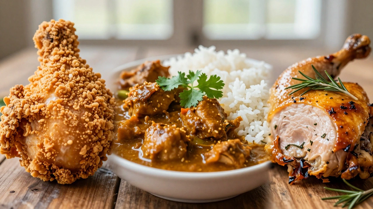 Close-up of fried chicken, chicken curry with rice, and roast chicken on a wooden table.