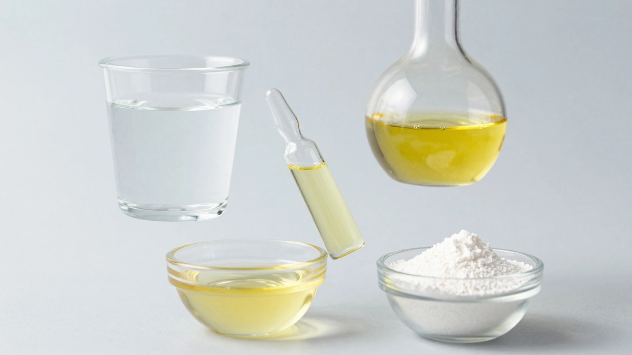 Close-up of pure ingredients like water, oil, and xanthan gum floating in air