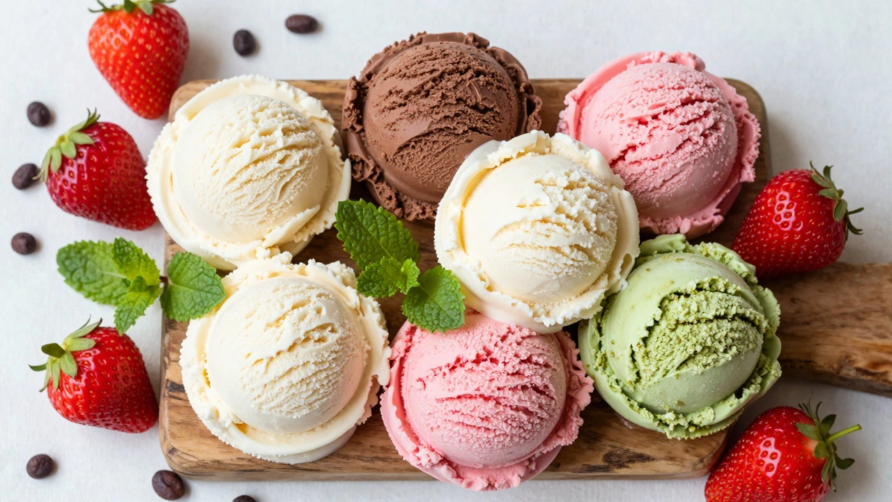 Colorful scoops of ice cream with fresh fruit on a wooden board
