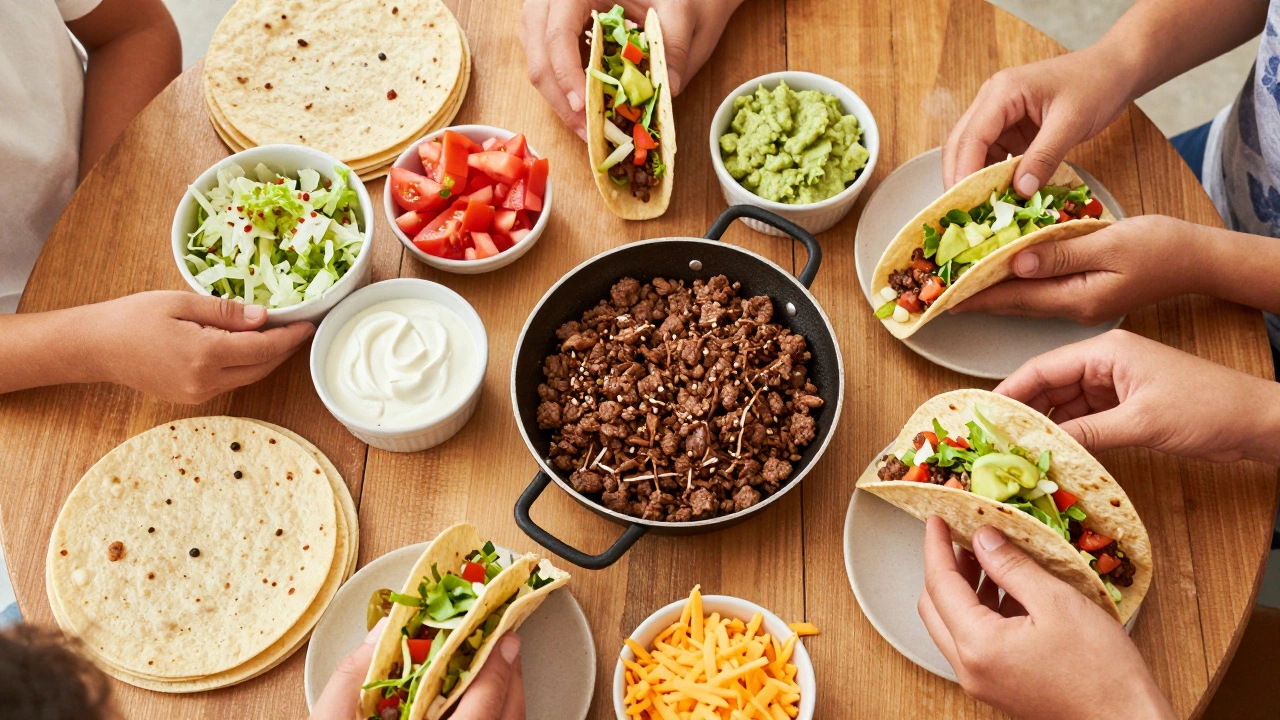 Colorful taco bar setup with various toppings and tortillas