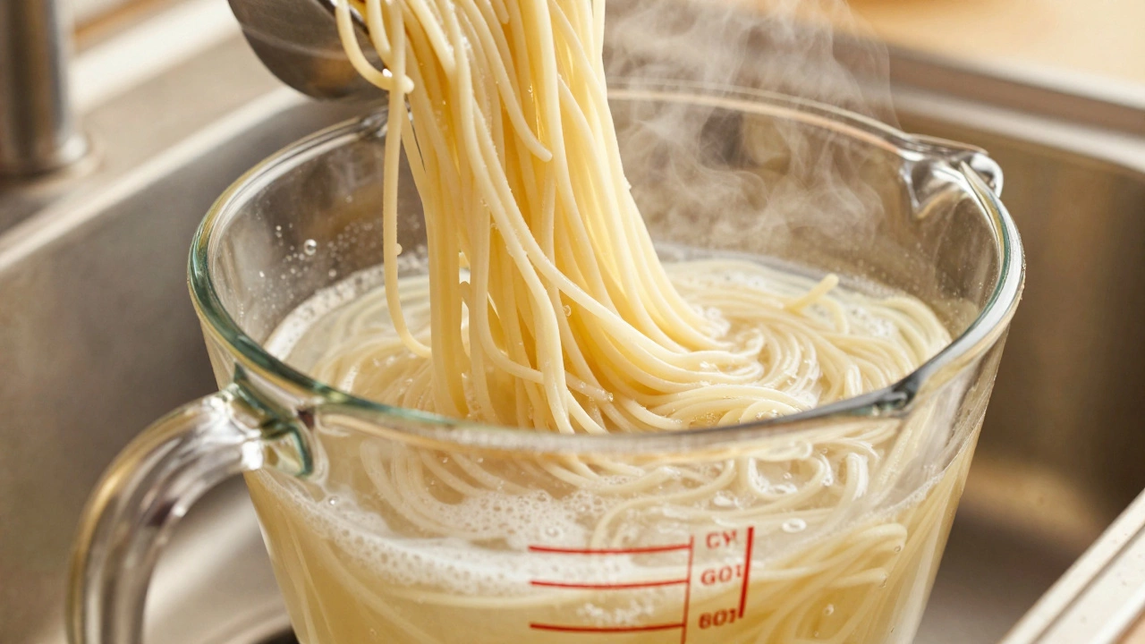 Cooked pasta in a colander with reserved starchy water