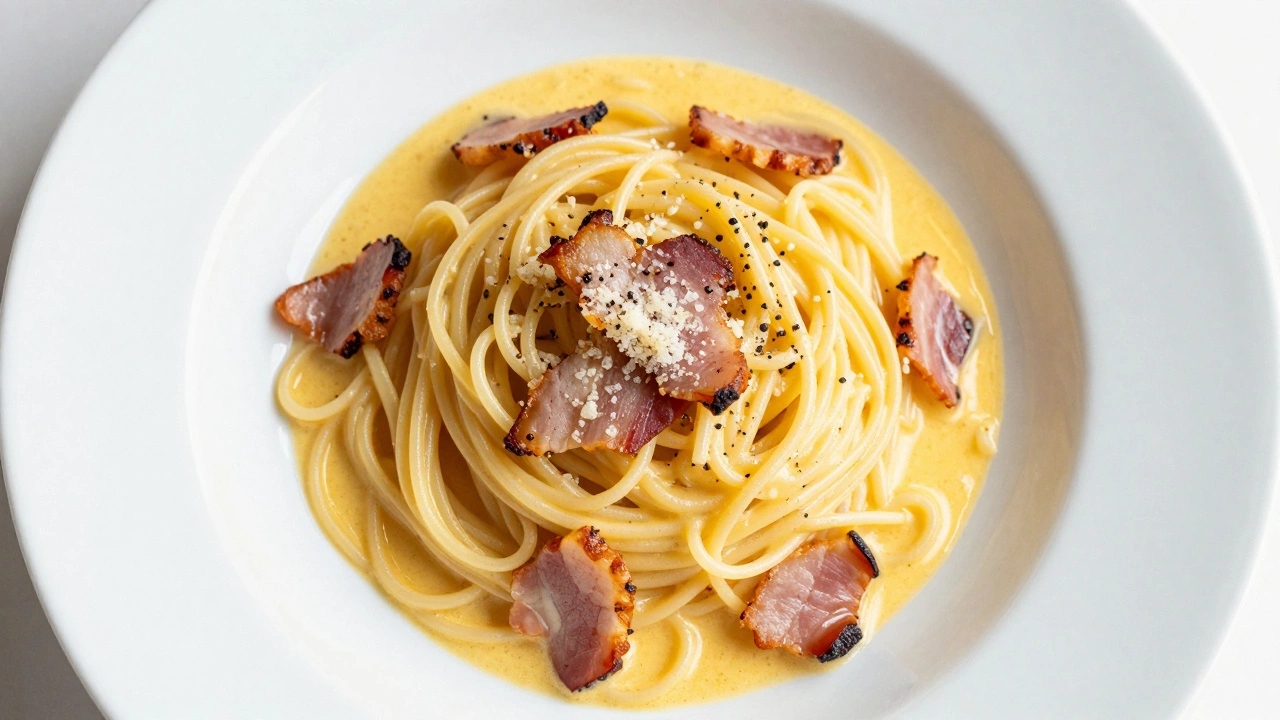 Creamy carbonara pasta with guanciale, no tomato sauce