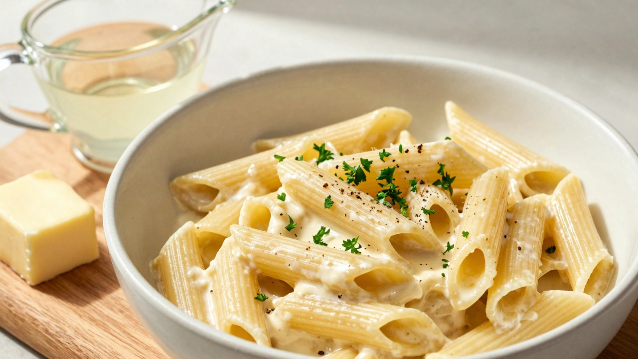 Creamy garlic butter pasta in a bowl with fresh parsley garnish
