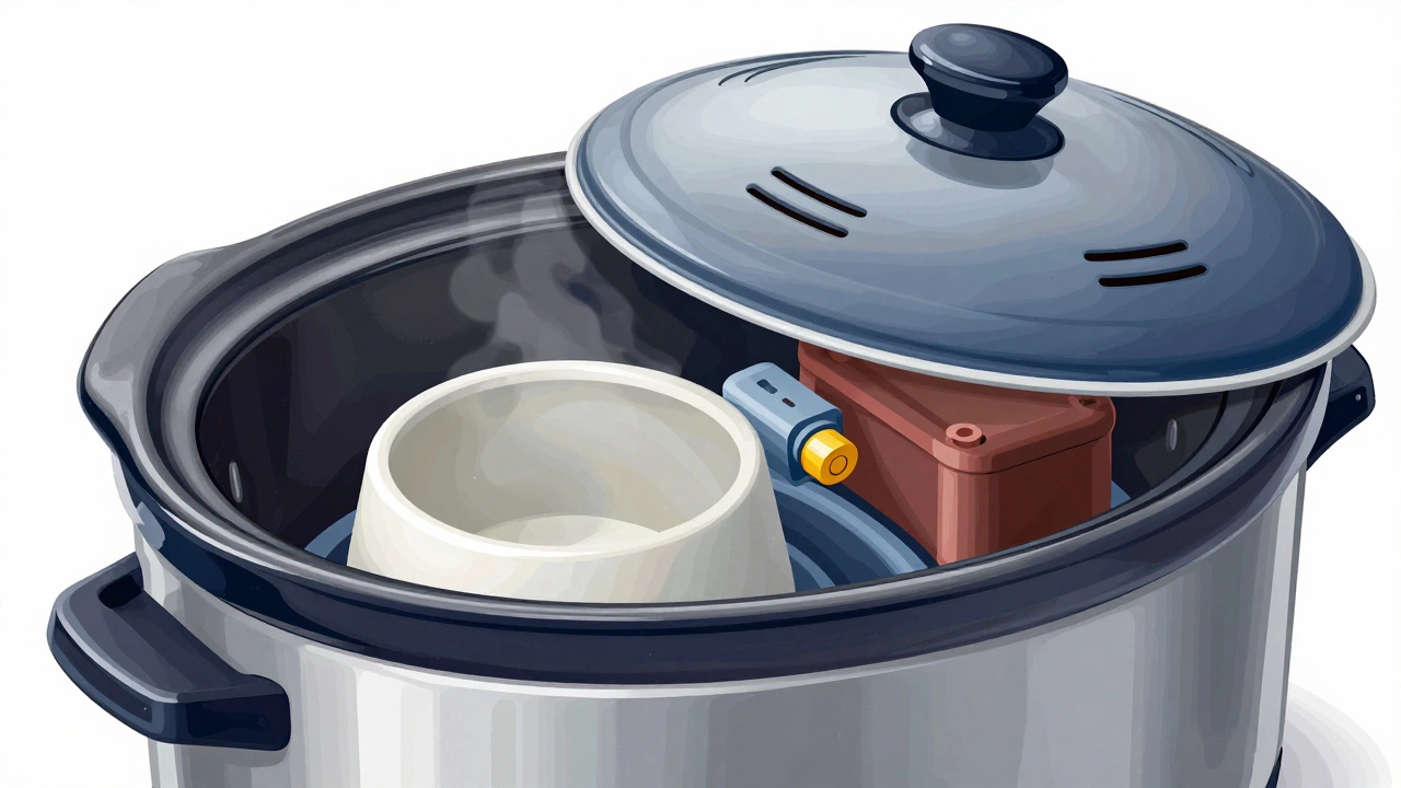 Cutaway illustration showing thermal fuses and insulation inside a slow cooker.