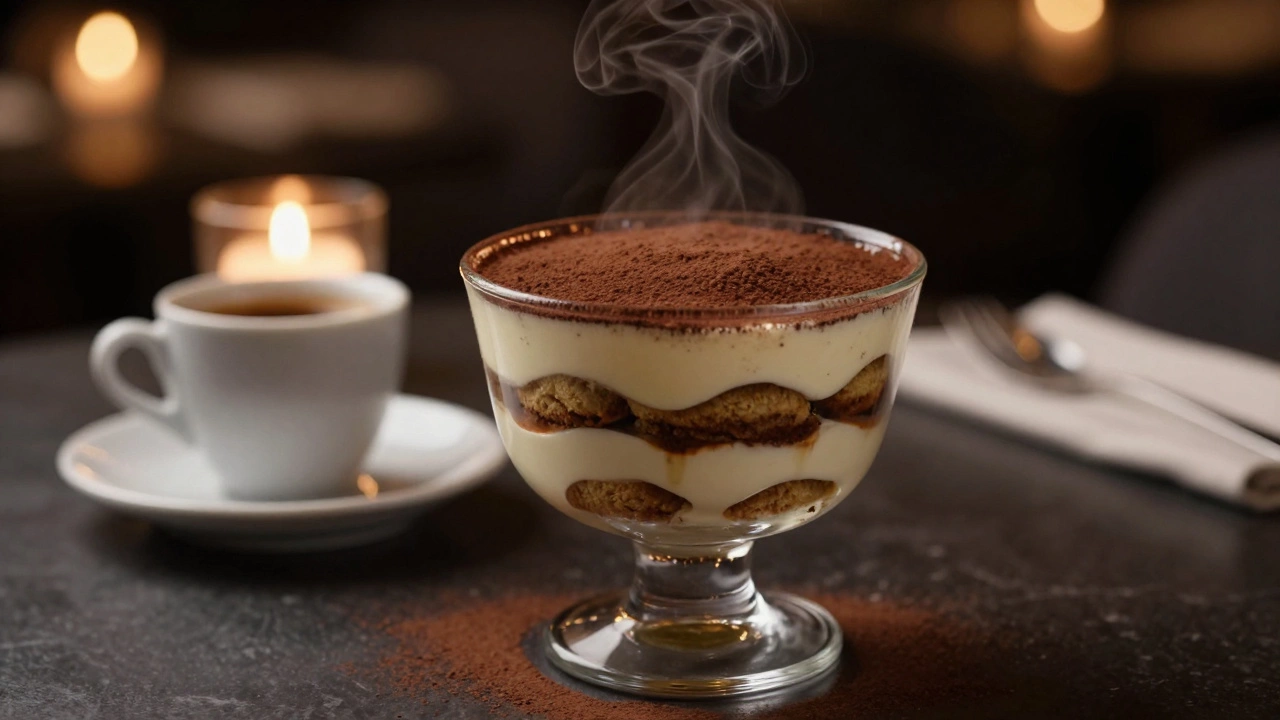 Elegant tiramisu in a glass with espresso in a dimly lit restaurant