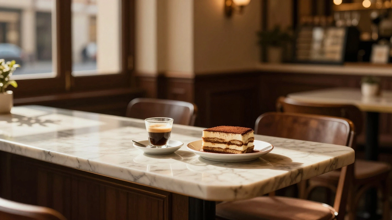 Espresso and tiramisu on a cafe counter