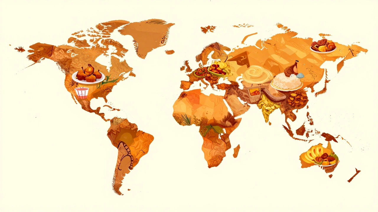 Illustration of a globe composed of various chicken dishes representing global consumption.