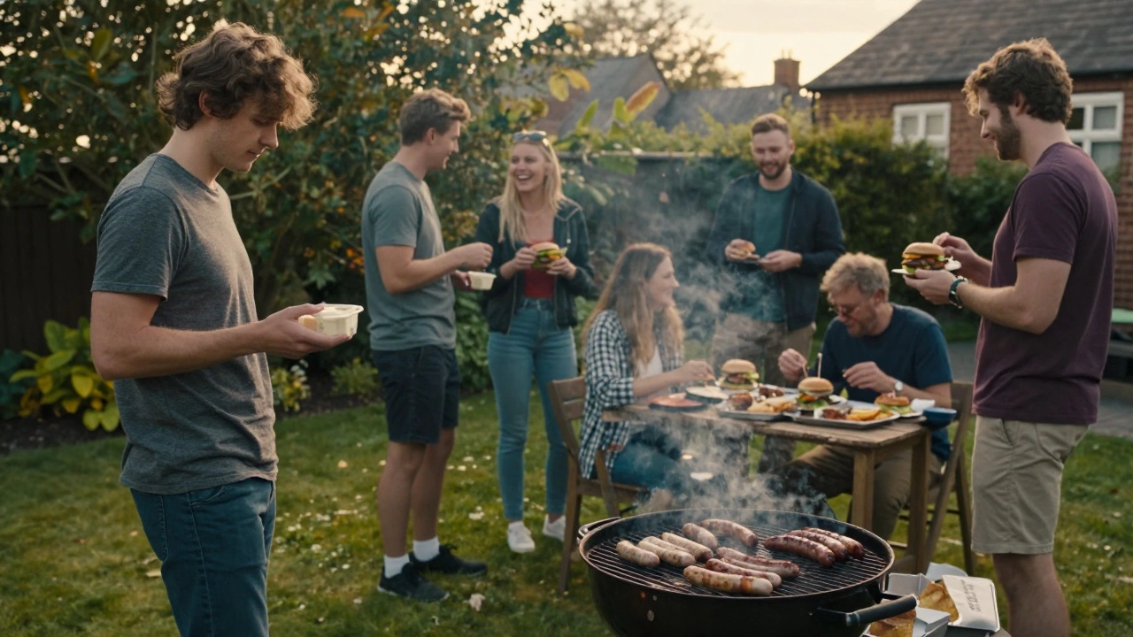 Person holding tofu at a BBQ party while others eat meat