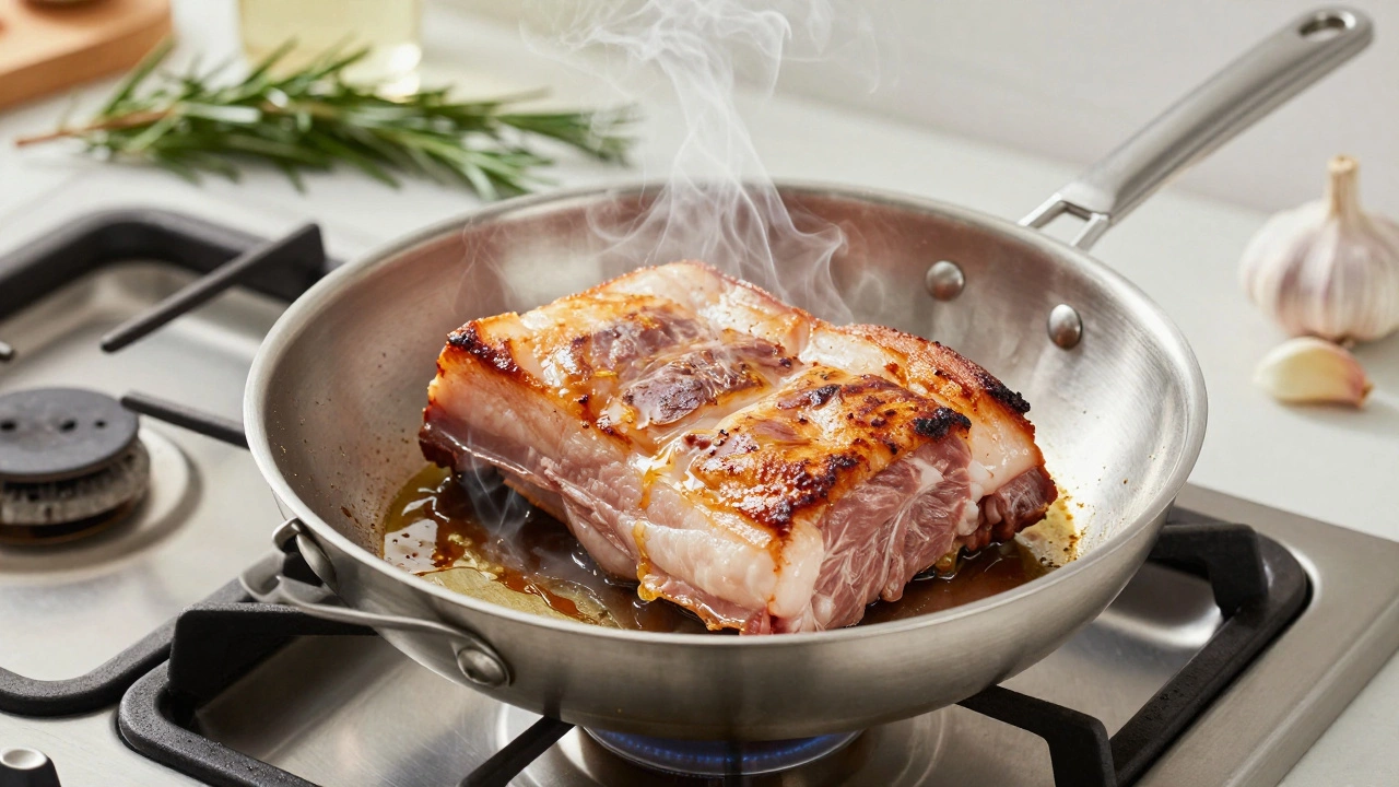 Pork shoulder being seared in a hot skillet with rising steam