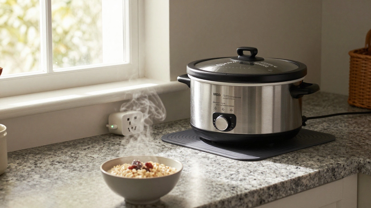 Slow cooker on a mat next to a smart plug in a sunlit morning kitchen.