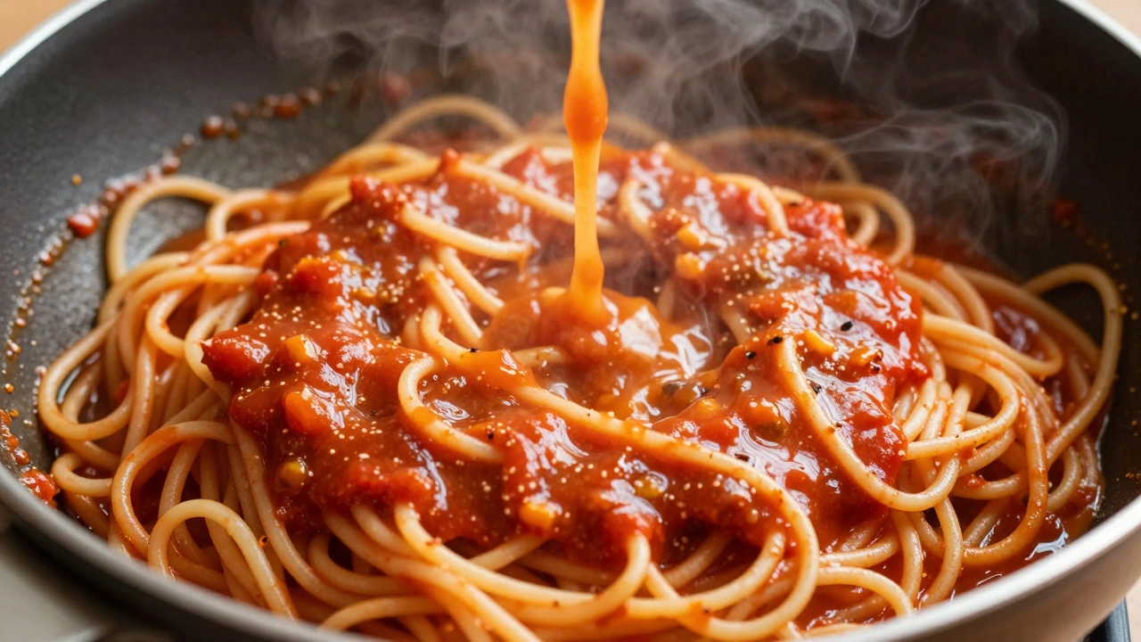Spaghetti tossed in tomato sauce with pasta water