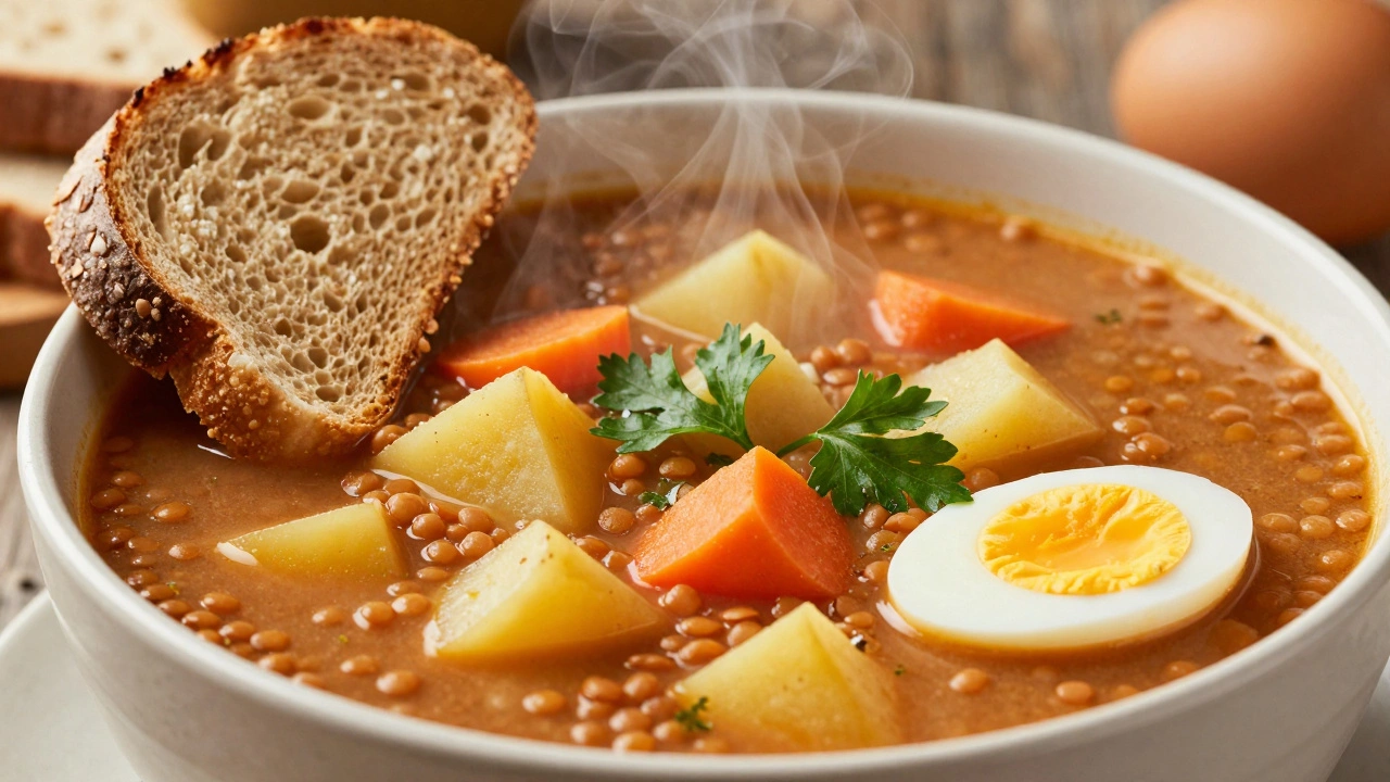 Steaming bowl of lentil soup with bread and a hard-boiled egg