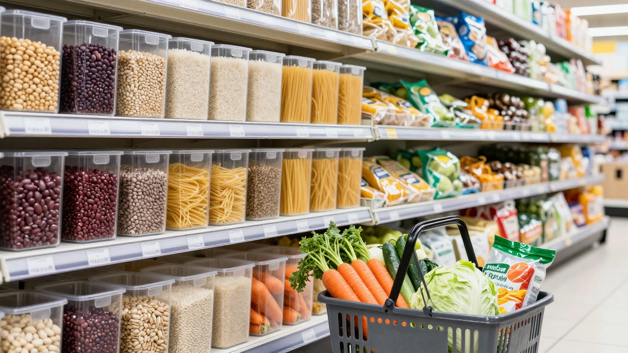 Supermarket aisle with bulk grains, beans, and fresh vegetables