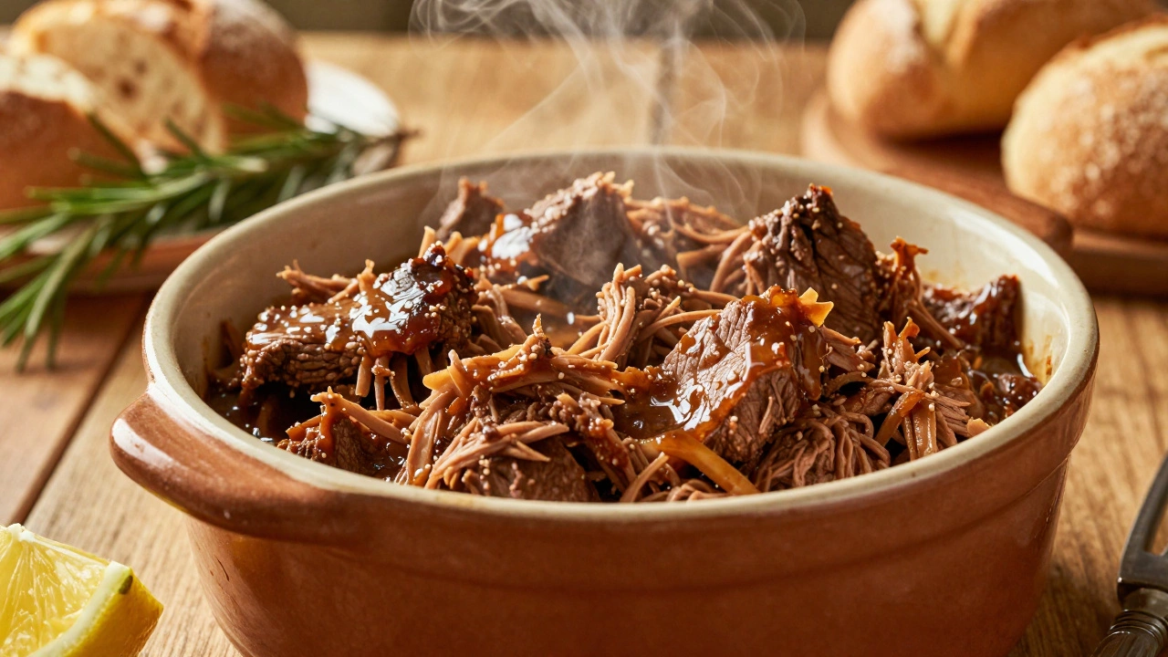 Tender shredded meat in a casserole dish with rich glossy sauce