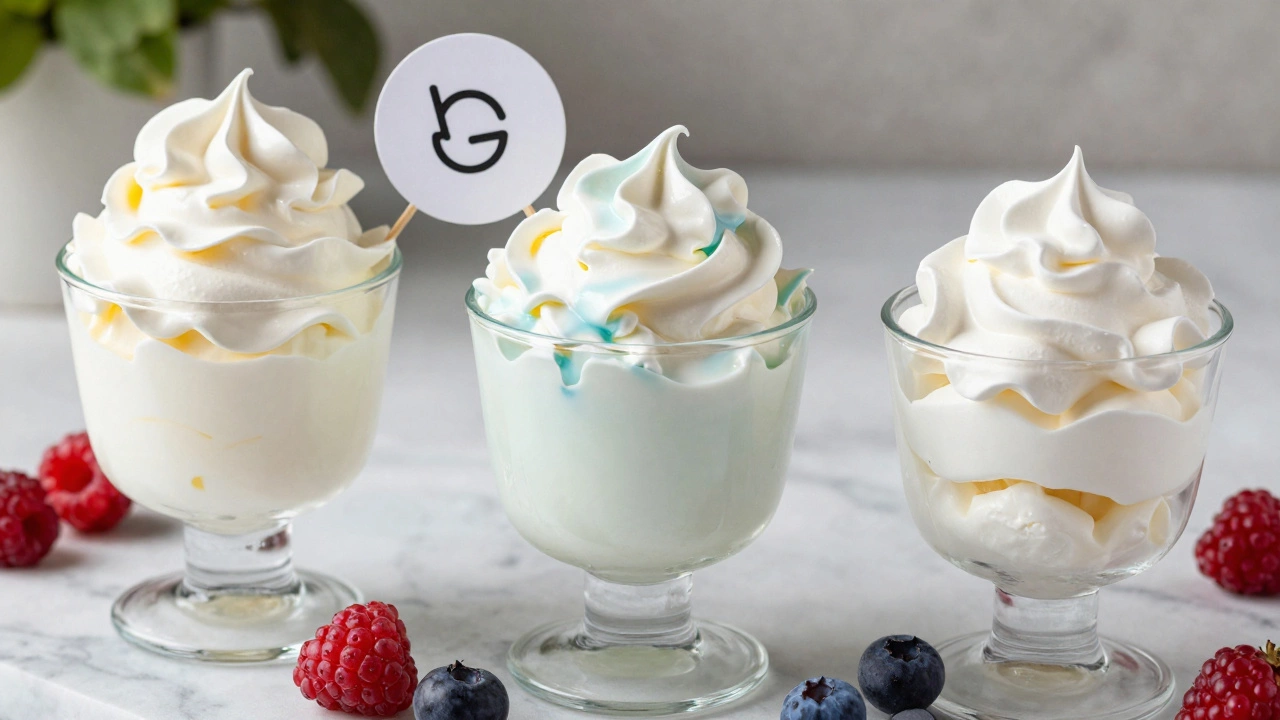 Three types of gluten-free whipped toppings in glass cups with fresh berries