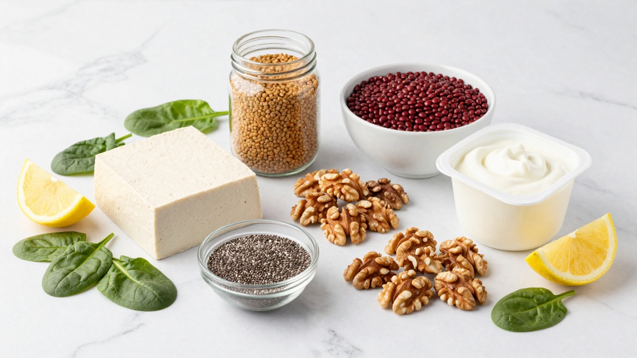 Variety of plant-based proteins like tofu, lentils, and nuts