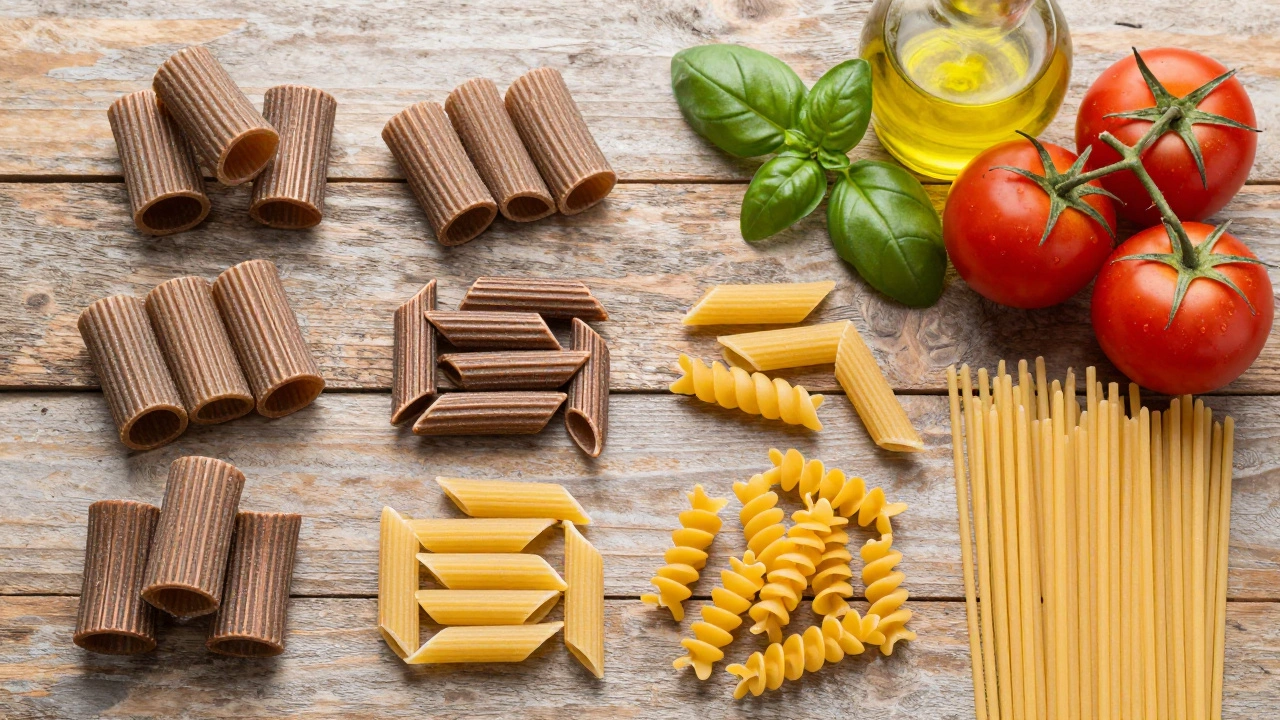 Various dried pasta shapes and fresh ingredients
