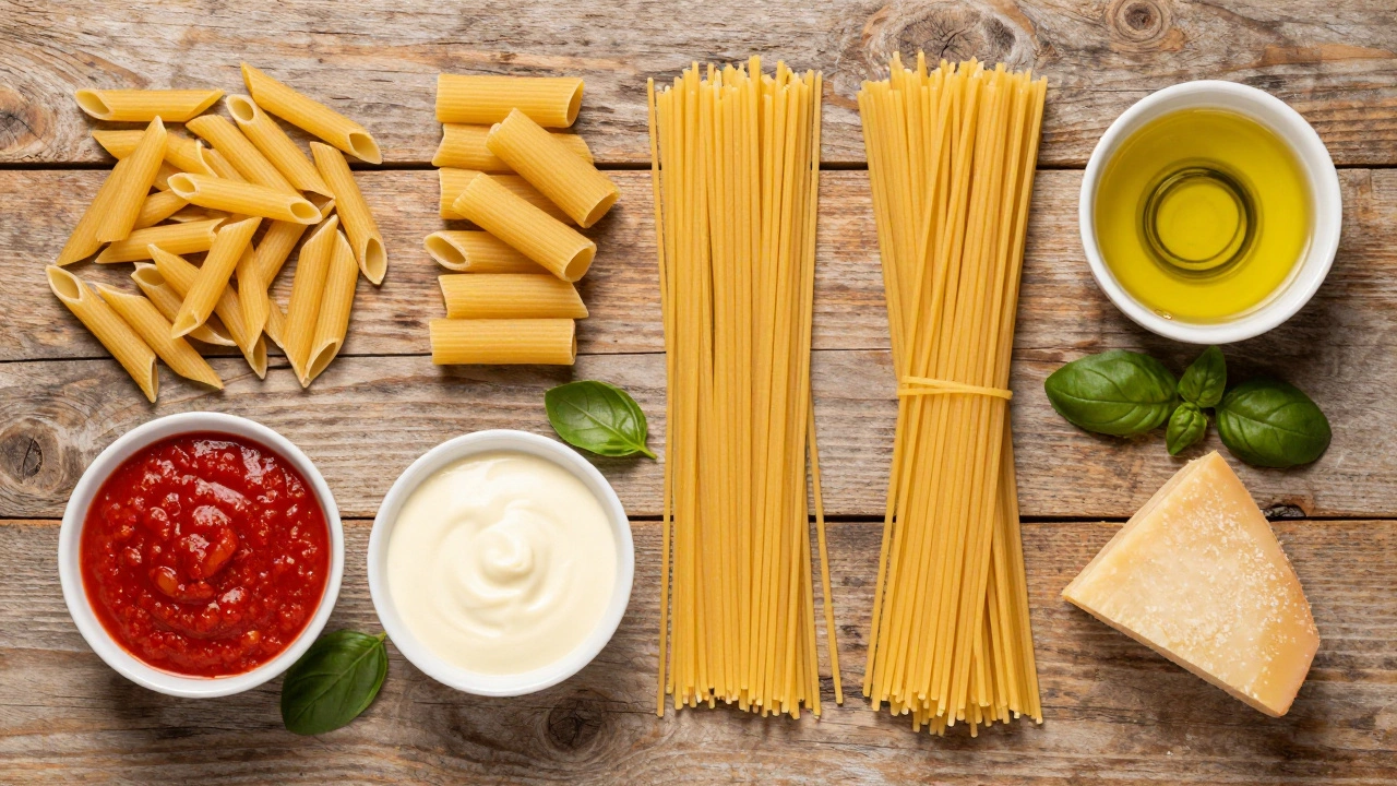 Various pasta shapes paired with different sauces on a table