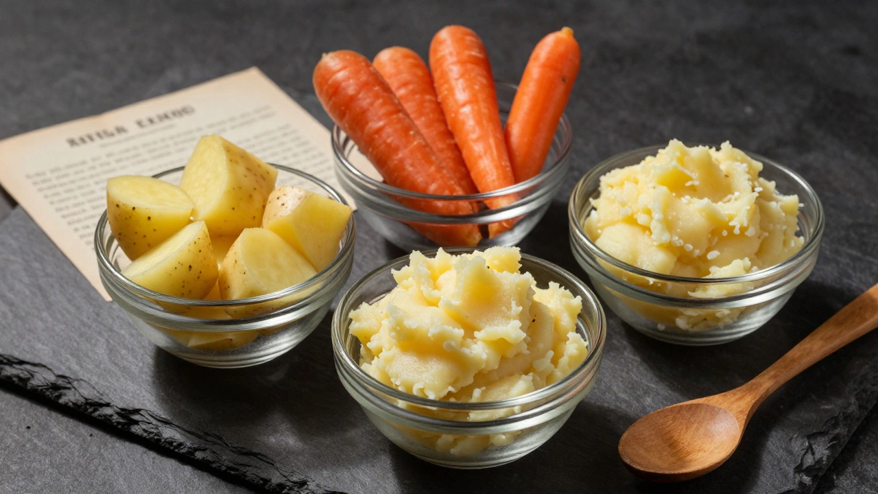 Bowls showing different potato and carrot textures for slow cooking