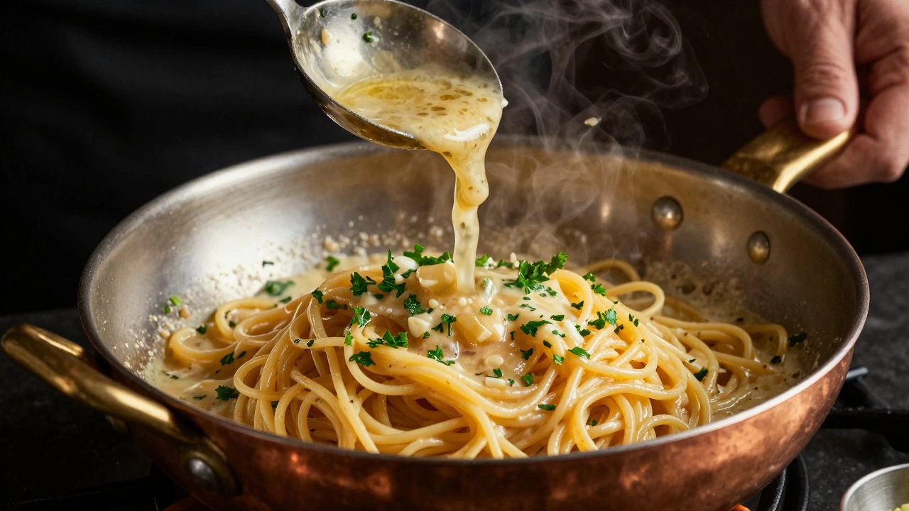 Chef tossing spaghetti with starchy water and garlic sauce