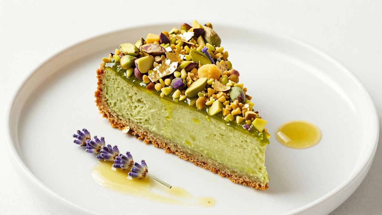 Citrus cake slice topped with pistachios, gold leaf, and lavender