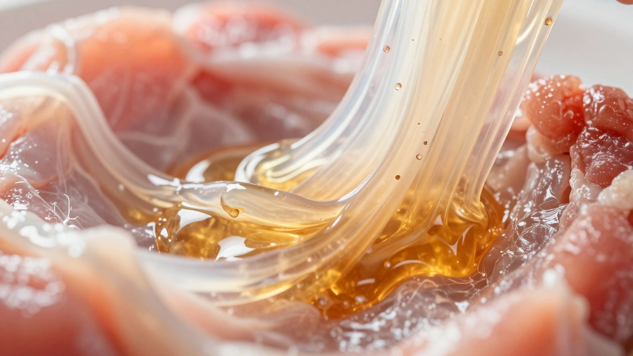 Close-up of collagen fibers turning into gelatin in meat