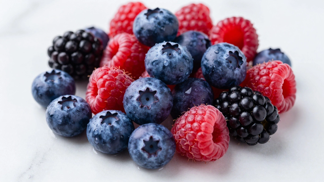 Close-up of colorful fresh berries like blueberries and raspberries