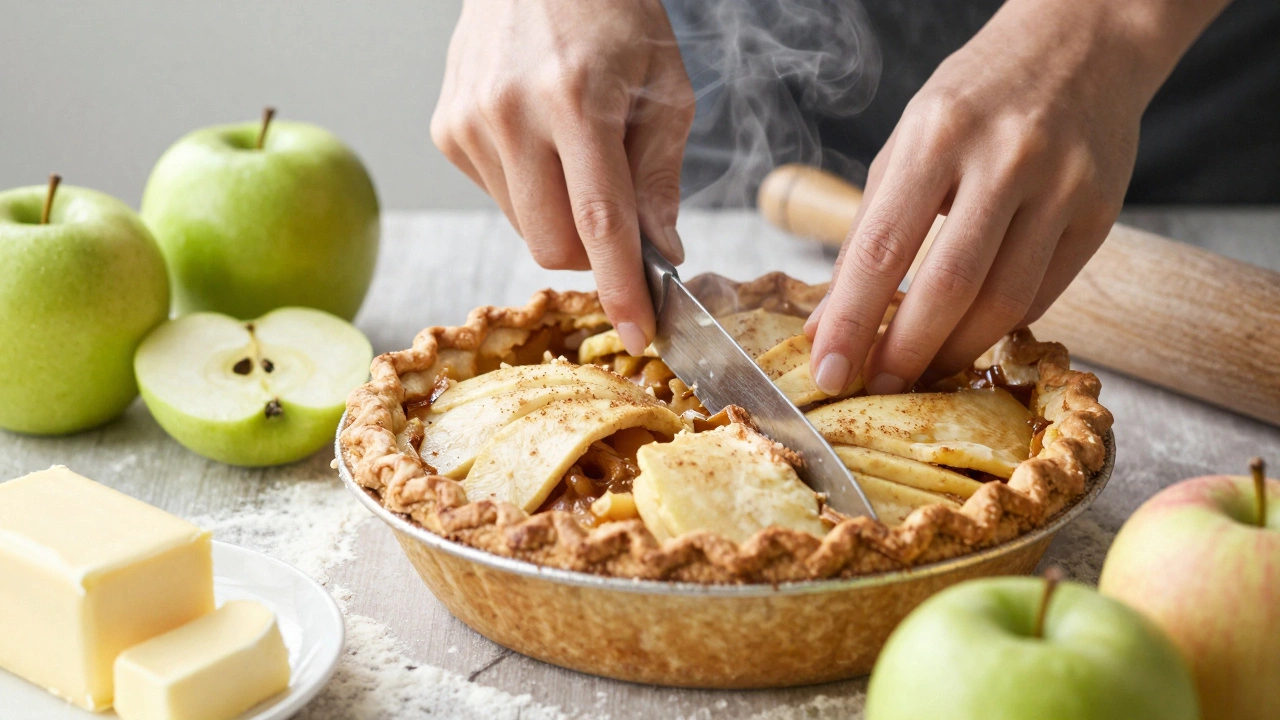 Close-up of hands slicing fresh apple pie surrounded by baking ingredients
