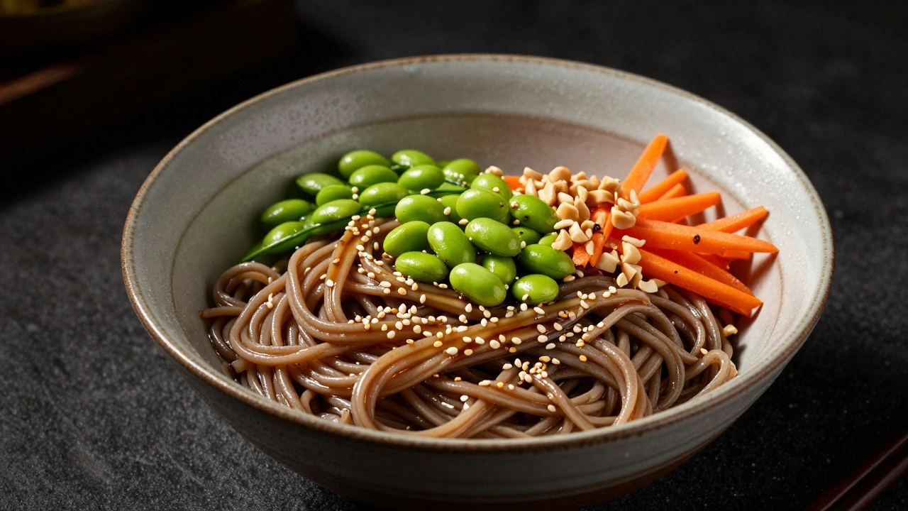 Cold soba noodle bowl with edamame, carrots, and sesame dressing