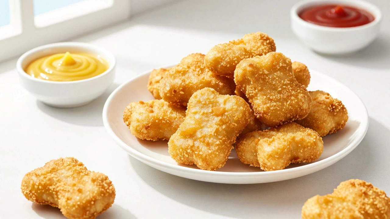 Crispy golden chicken nuggets on a white plate with dipping sauces.