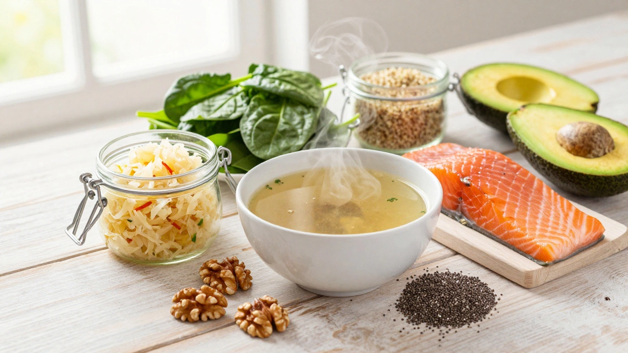 Healthy gluten-free foods like bone broth, fermented veggies, and nuts for gut healing