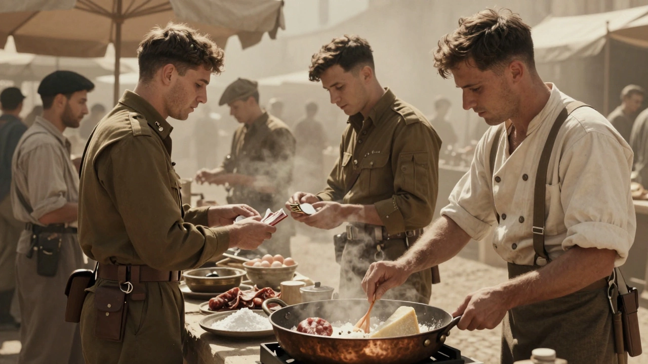 Historical scene of US soldiers trading rations with Romans in WWII
