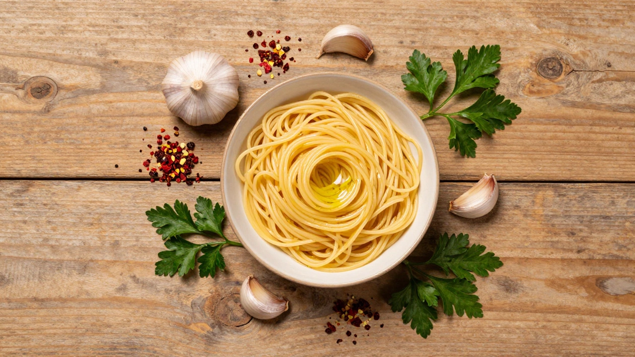 Ingredients for simple garlic and oil pasta on wood table