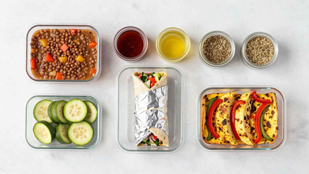 Meal prep containers with lentil soup, wrap, and frittata slices