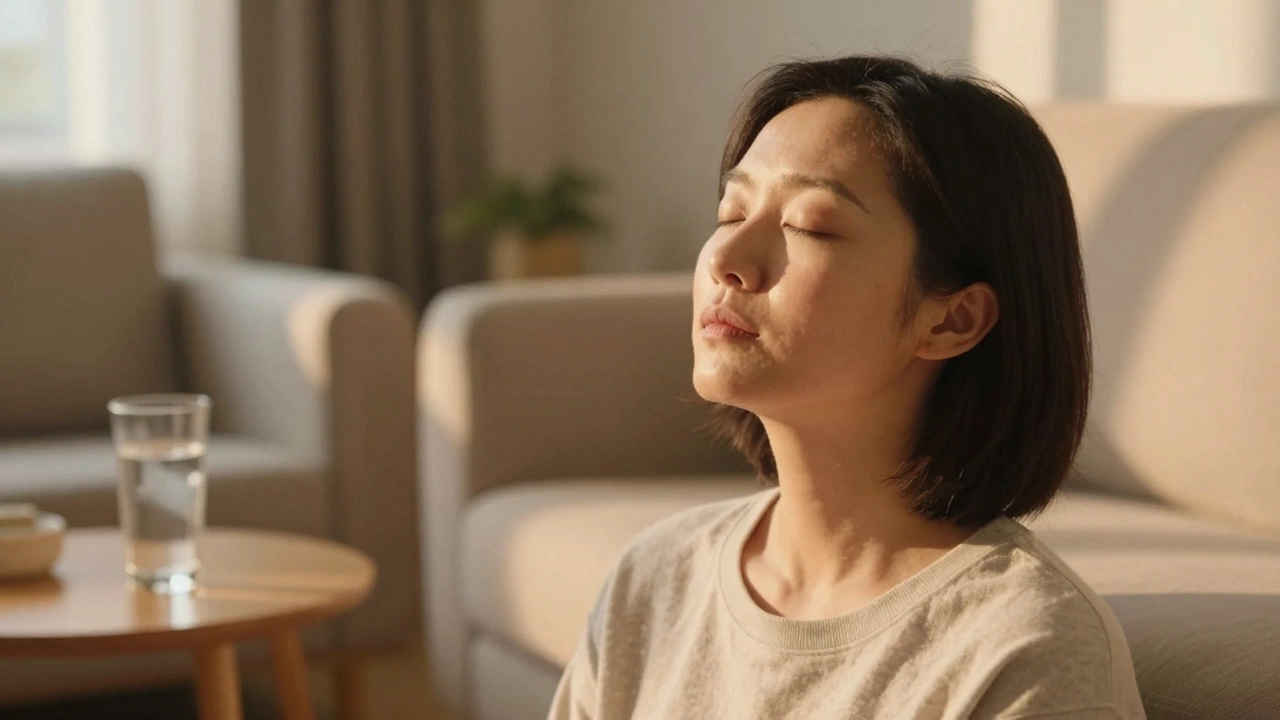 Person meditating in sunny room with water nearby to reduce stress and facial bloat