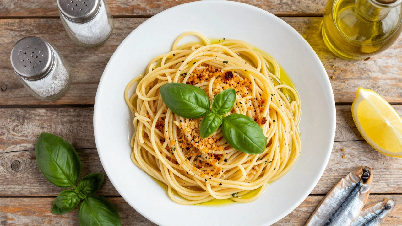 Plated spaghetti garnished with herbs, oil, and breadcrumbs