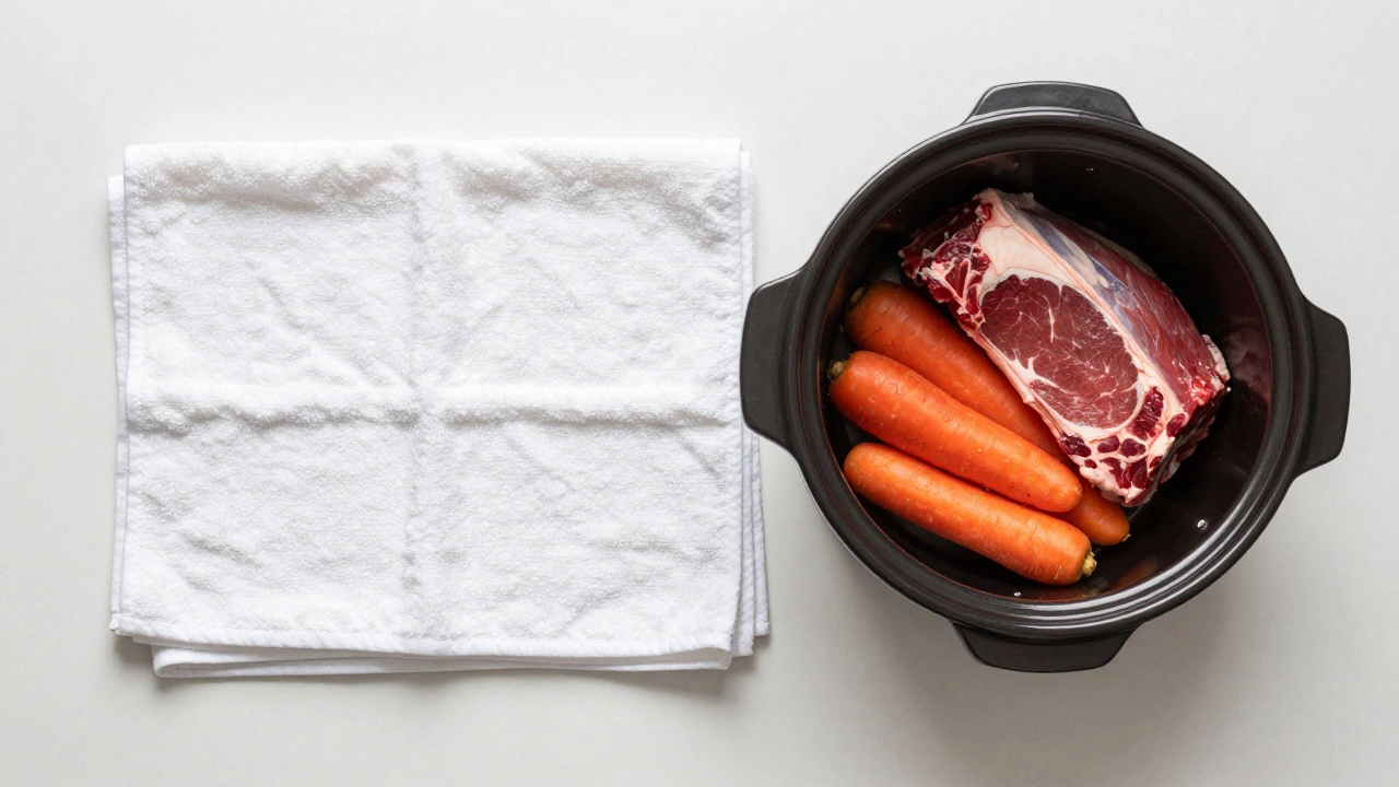 Raw beef and vegetables ready for slow cooking with clean towels nearby