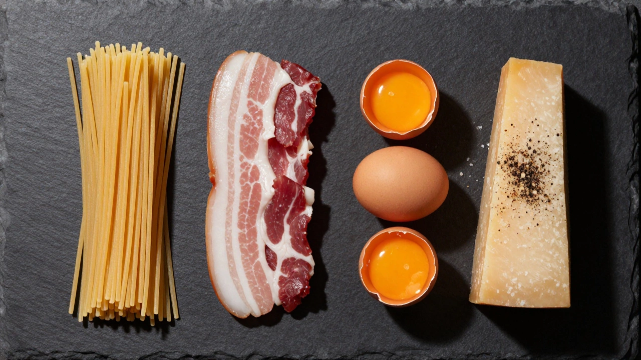 Raw ingredients for carbonara: pasta, guanciale, eggs, and pecorino